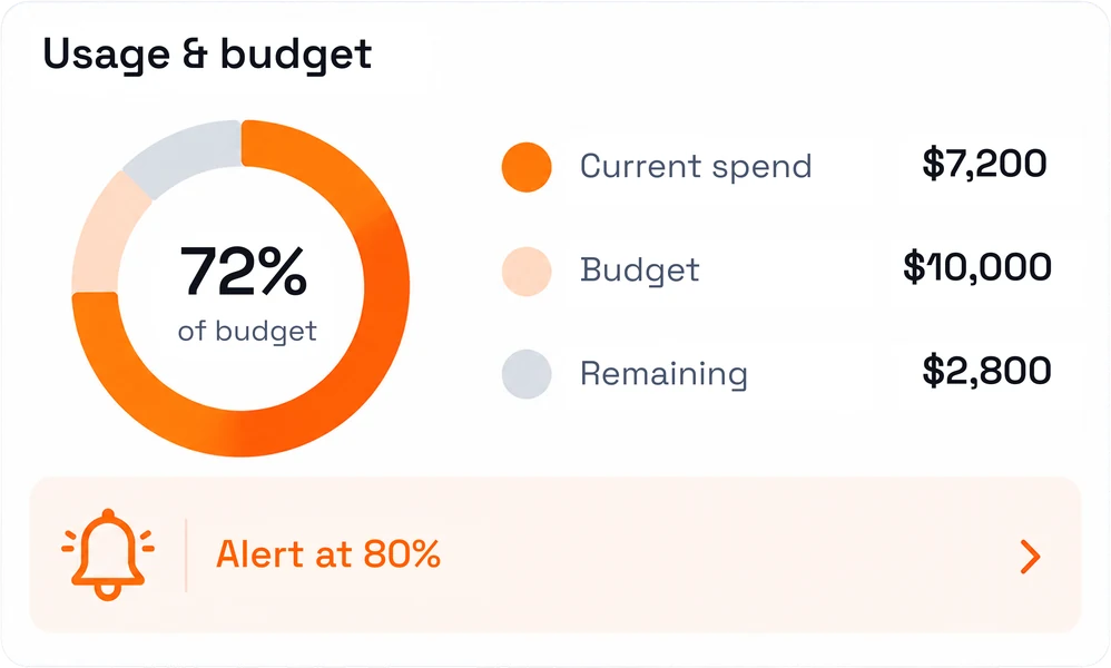 A usage-and-budget dial at 72 percent of budget beside current spend, budget and remaining figures with an alert at 80 percent