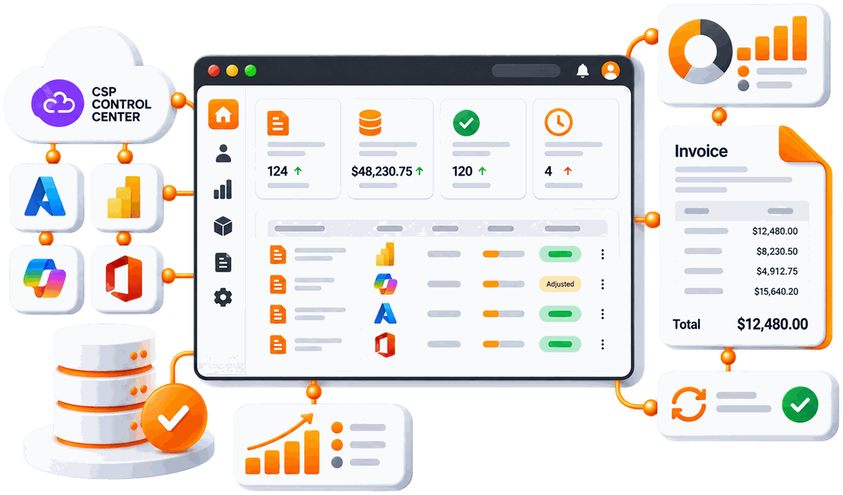 CSP Control Center cloud linking Azure, Power BI, Copilot and Microsoft 365 to a billing dashboard with usage KPIs and a subscription table, feeding charts, an itemised invoice and a completed sync