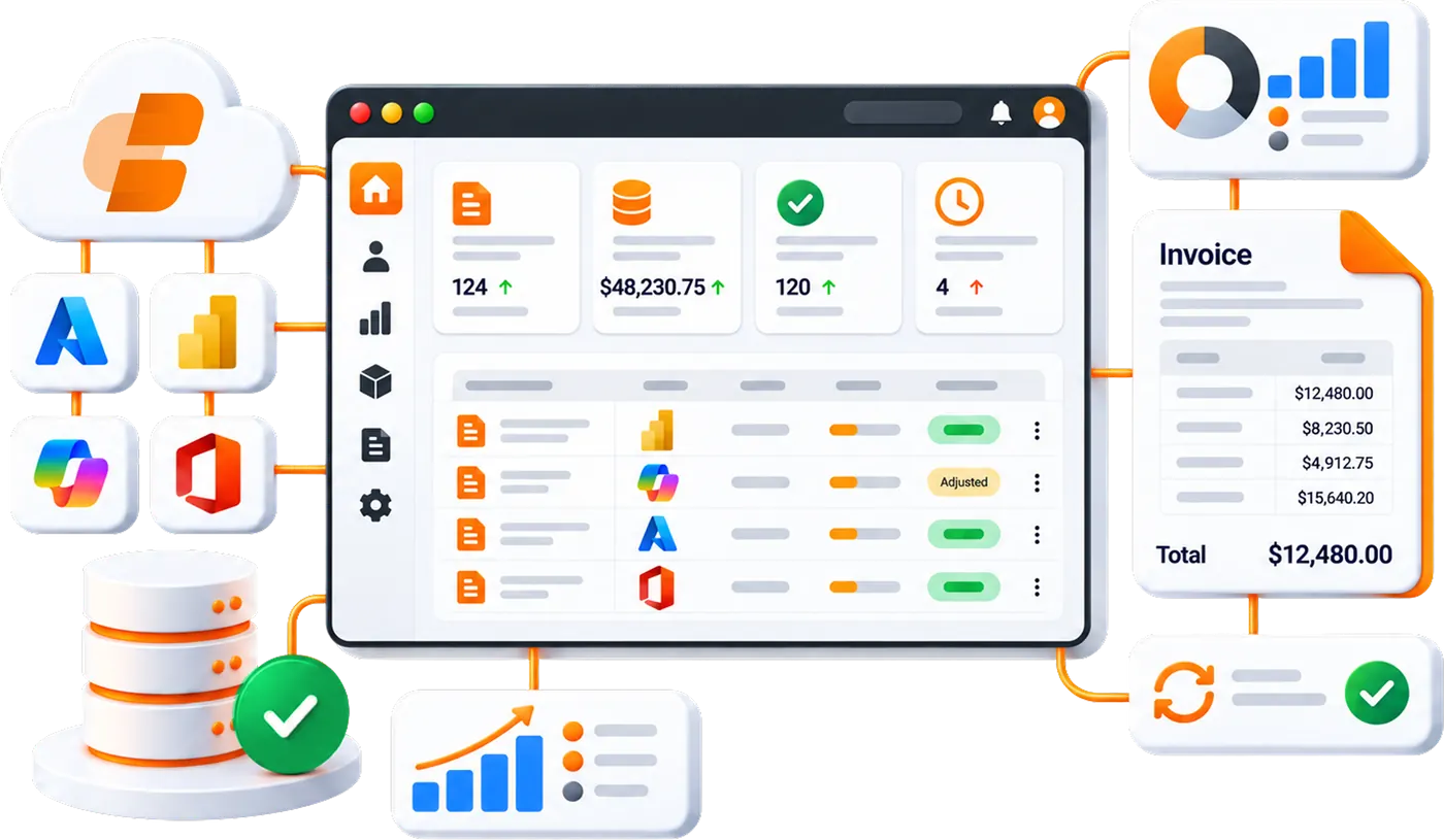CSP Control Center cloud linking Azure, Power BI, Copilot and Microsoft 365 to a billing dashboard with usage KPIs and a subscription table, feeding charts, an itemised invoice and a completed sync