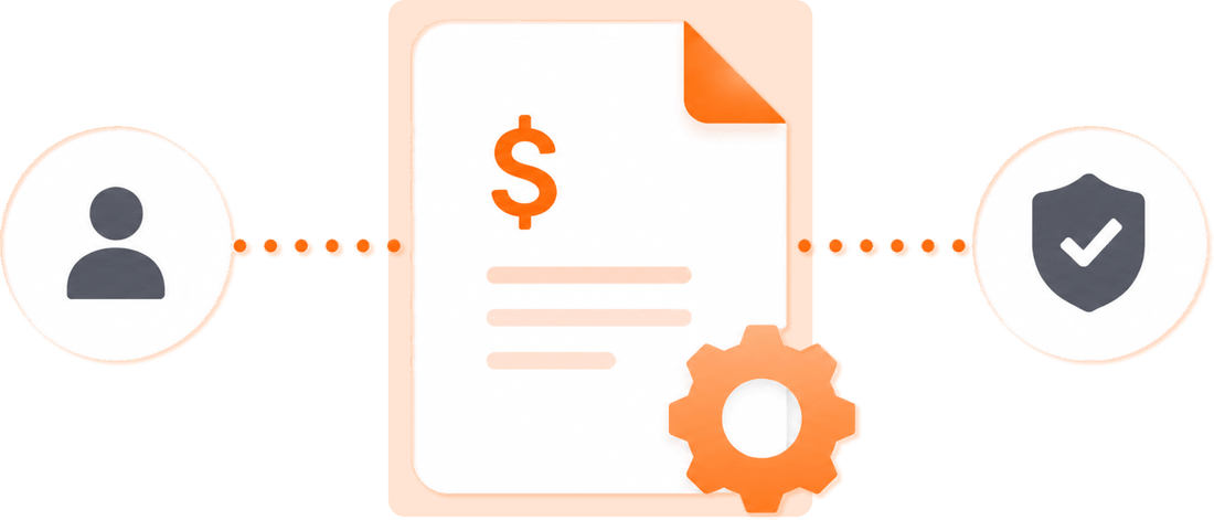 A customer linked to an invoice with a settings gear, and on to a verified shield