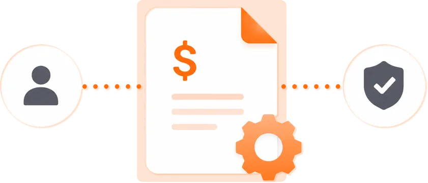 A customer linked to an invoice with a settings gear, and on to a verified shield