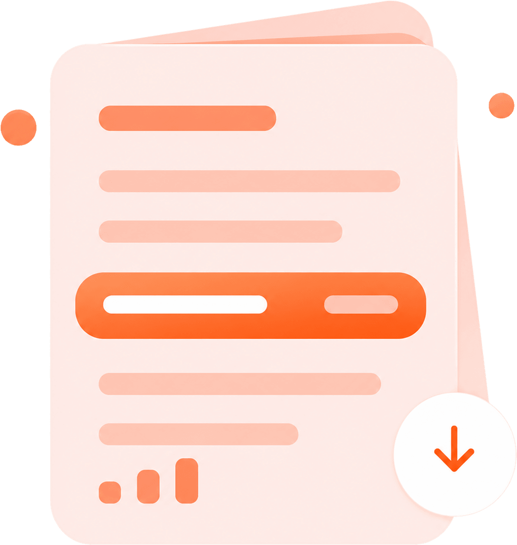 A stacked report document with one highlighted row and a download button